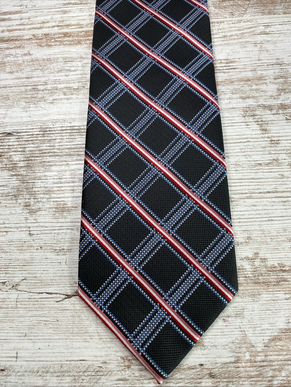 Stafford Essentials Black Blue Red Plaid Check Stripe Necktie Mens 58x3.5 Poly